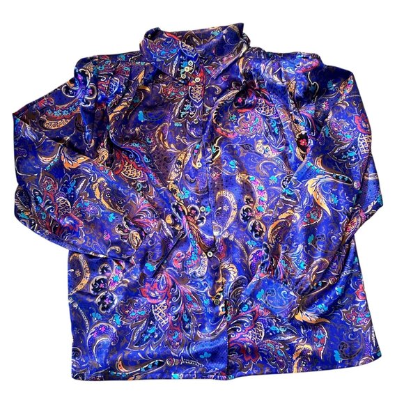 Vintage Susan Mathews Novelty Print Mock Neck Blouse 12 - Picture 1 of 7